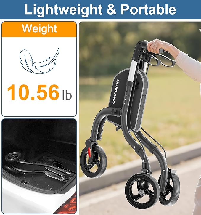 HOMLAND 3 Wheel Walkers for Seniors, Lightweight Foldable Aluminum Three Wheel Walker, Height Adjustable Compact Rollator Walker with Removable Storage Bag