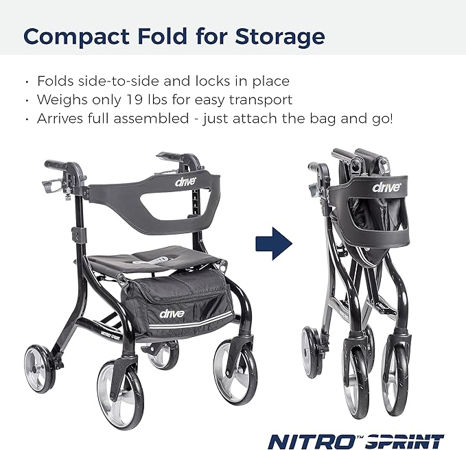 Drive Medical Nitro Sprint Foldable Rollator Walker with Seat - Lightweight Support - Large Wheels - Compact Folding Design - Adjustable Comfort - Standard Size - Black