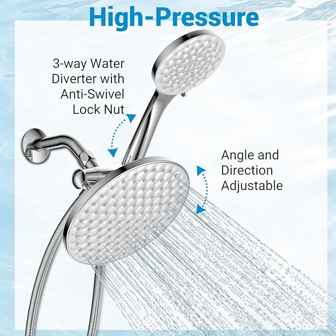 dual shower head with handheld combo,8.6 inch Rainfall showerhead,6 settings hand held shower heads with hose (Chrome)