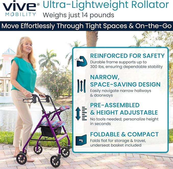 Vive Ultra Lightweight Rollator Walker with Seat - Foldable, Narrow, Rolling Senior Walker for Small Spaces - 4 Wheel Aluminum Adult Easy Drive Aid with Underseat Accessory