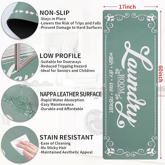 XLHOMO Laundry Room Rug Runner, 17"x60" Non Slip Teal Nappa Leather Laundry Rugs, Farmhouse Washable Floor Laundry Mats for Laundry Room, Kitchen, Washroom, Bathroom, Mudroom, Hallway Entryway Decor