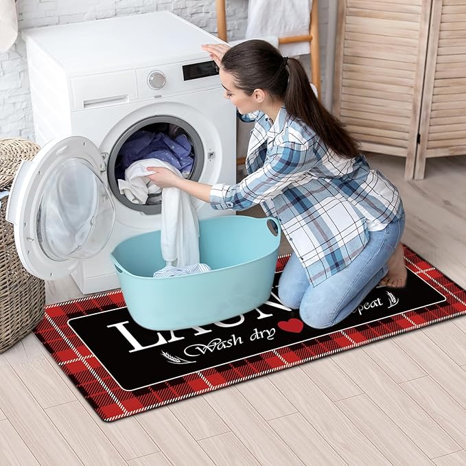 XLHOMO Laundry Room Rug Runner, 17"x47" Buffalo Plaid Non Slip Red Laundry Rugs, Farmhouse Washable Floor Laundry Mats for Laundry Room, Mudroom, Kitchen, Washroom, Bathroom, Entryway Rugs Decor