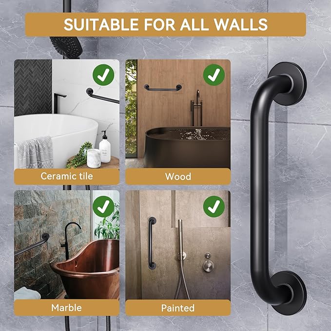 AmazerBath Shower Grab Bars for Seniors Anti Slip, Bath Safety Grab Bar for Needy, Stainless Steel Bathroom Safety Grab Bars, Thickened Bar Bigger Base Holds 500LBS, 16" L x 1.25" D, Black