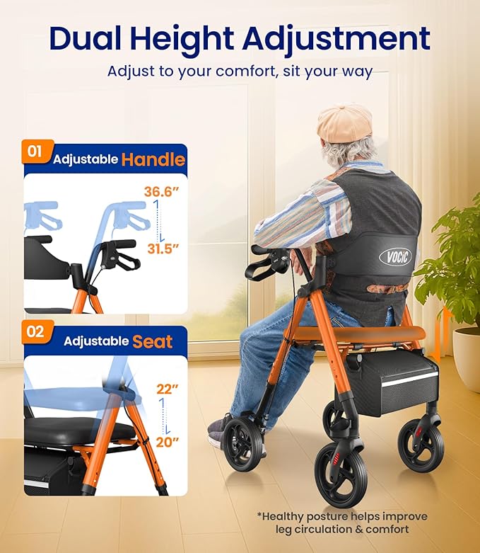 VOCIC Walkers for Seniors, Z21 Rollator Walker with Seat Supports 350lb, 8" Big Wheels for All Terrain, Ergonomic Arc Seat & 6" Ultra Backrest Foldable Walker, Dual Height Adjustment, Lightweight 2026