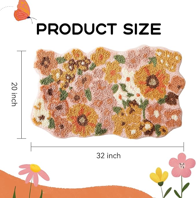 TRUEDAYS Wildflower Floral Bathroom Rug - Cute Tufted Non Slip Soft Flower Shaped Bath Mat, Washable Farmhouse & Cottagecore Bathroom Decor - Aesthetic Orange Rug for Vanity, Tub, Entryway