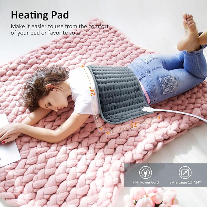 Heating pad for Back/Shoulder/Neck/Abdomen, Electric Heating Pads with 6 Fast Heating Settings, Auto-Off, Soft Machine Wash Fabric, Birthday Gifts for Women Mom, Extra Large 12"x24", Iron