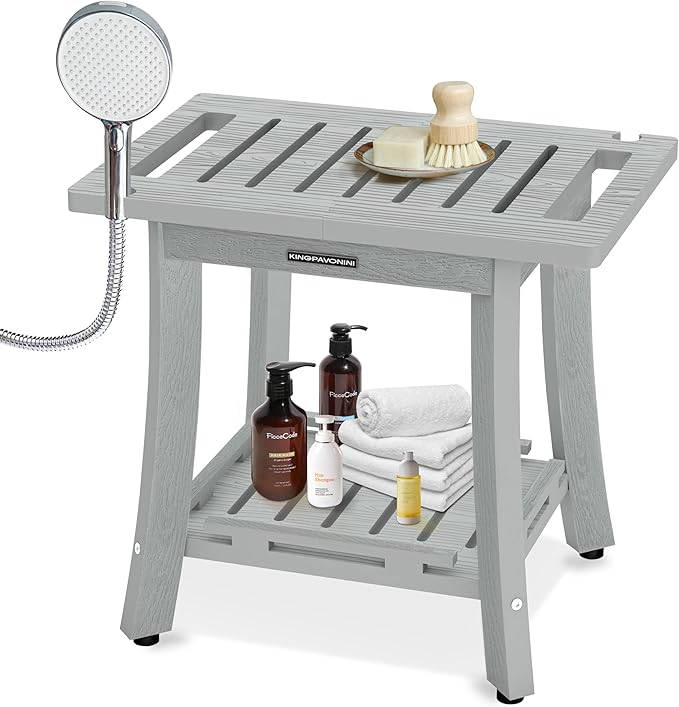 KingPavonini HDPS Shower Benches for Inside Shower to Sit on, Waterproof Shower Stool for Shaving Legs, Heavy Duty 400LBS Shower Seat with Storage Shelf, Shower Chair for Bathroom/Indoor/Outdoor Use
