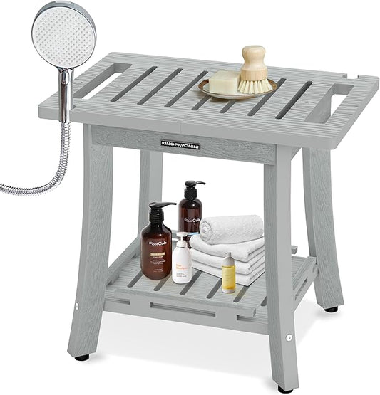 KingPavonini HDPS Shower Benches for Inside Shower to Sit on, Waterproof Shower Stool for Shaving Legs, Heavy Duty 400LBS Shower Seat with Storage Shelf, Shower Chair for Bathroom/Indoor/Outdoor Use