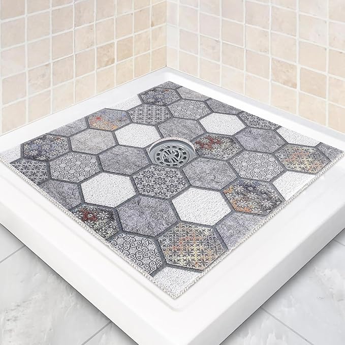 Square Shower Mat Non Slip: 32 x 32 Inch Extra Large Shower Mats with Drain Hole in Middle - PVC Loofah Anti Slip Shower Floor Matt for Inside Shower