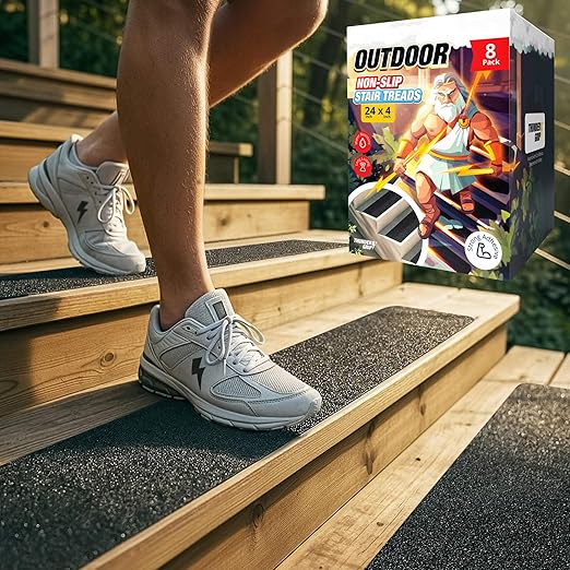 Thunder Grip Outdoor Stair Treads Non Slip 24" x 4" - 8-Pack Weather Resistant Exterior Grip Tape for Wooden Steps - Anti Skid Strips - Waterproof 80-Grit Adhesive Treads