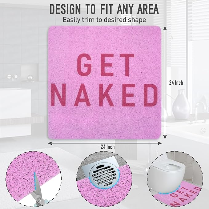 Square Shower Mat, 24 x 24 Inch Non Slip Get Naked Shower Stall Mat, Quick-Dry PVC Loofah Bath Mat for Shower Tub Bathroom