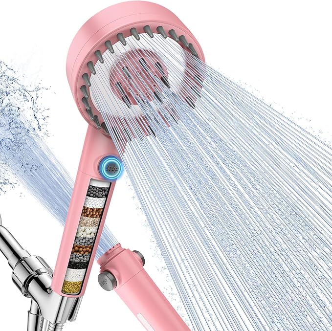 PWERAN Filtered Shower Head with Handheld, High Pressure 4 Spray Mode Showerhead with Filters, Water Softener Beads for Hard Water with ON/OFF Switch for Pets - Remove Chlorine (Pink, 5 Inch Panel)
