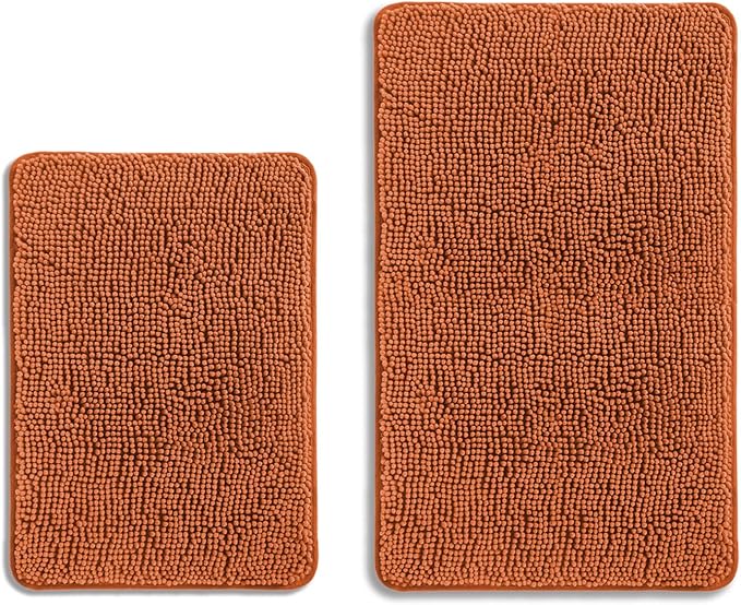 Burnt Orange Bathroom Rugs Sets 2 Piece – Absorbent and Washable Bath Mat, Non-Slip, Thick Soft Chenille Bath Rugs for Bathroom Floor, Shower, Sink - 17" x 24"+20" x 32"