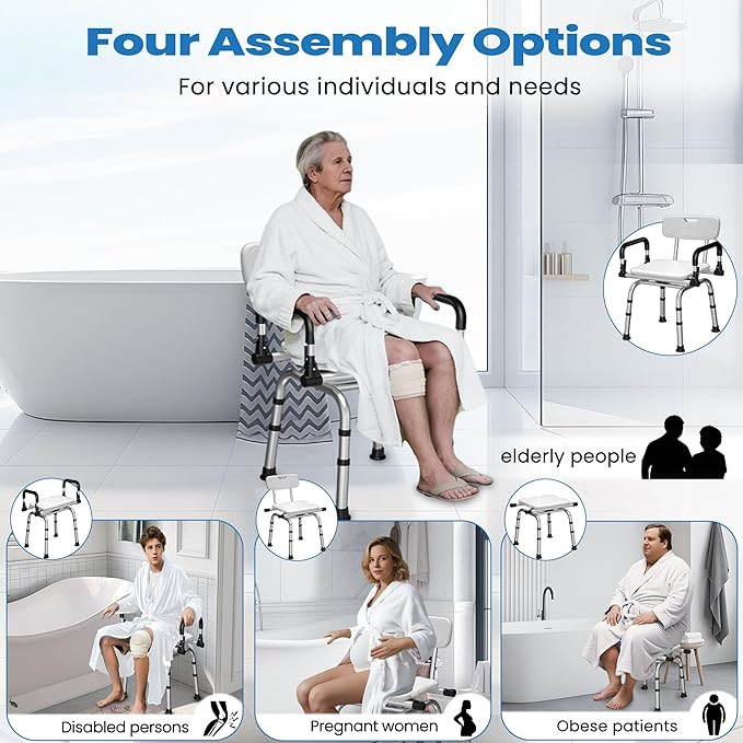 Swivel Shower Chair, 360° Rotating Adjustable Shower Seat with Pivoting Arms & Padded Seat, Heavy Duty 400 lbs Bath Chair for Elderly and Disabled in Shower Stall & Bathtub