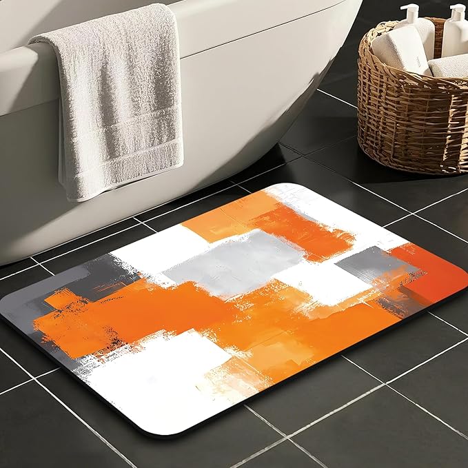 Quick Dry Bath Mat for Bathroom,Super Absorbent Orange and Gray Welcome Bath Rug Non-Slip Rubber,Machine Washable Bathroom Floor Mat for Shower, Tub, Sink Area Abstract Art Painting 16x24