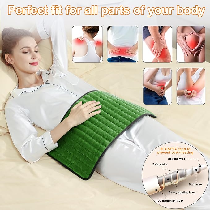 Deepsoon Heating Pad,Electric Heating Pads for Back,Neck,Moist Heating Pad for Abdomen Shoulder Knee Legs,Dry/Moist Heat&Auto Shut Off,Mother's Day Birthday for Men and Women,Green Black,24x12 Inch