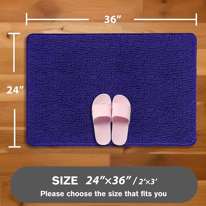 Royal Blue Bathroom Rugs – Absorbent and Washable Bath Mat, Non-Slip, Thick Soft Chenille Bath Rugs for Bathroom Floor, Shower, Sink - 24" x 36"
