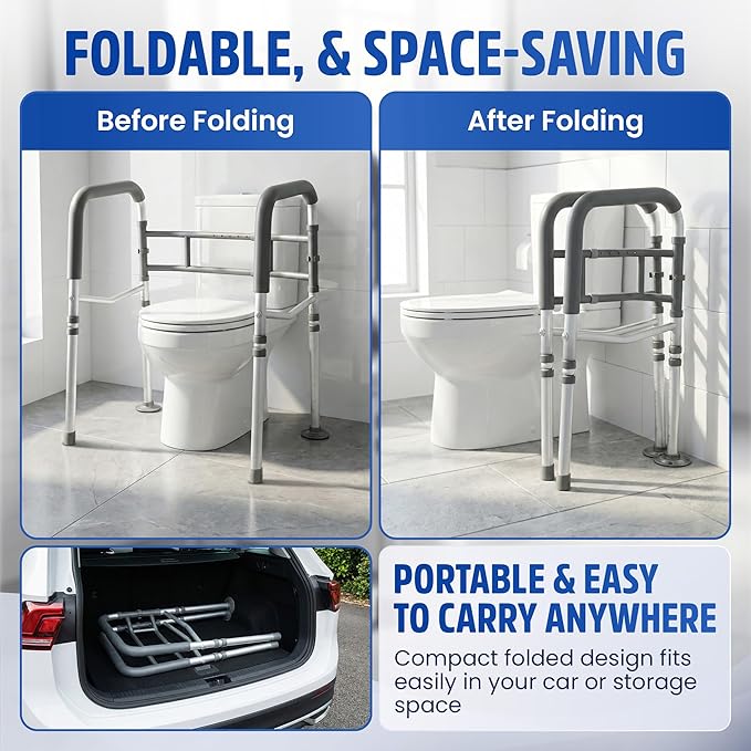 Toilet Safety Rails for Seniors 350lb, Adjustable Height & Width Toilet Bars for Elderly | Foldable Non-Slip Handicapped Toilet Safety Frame, Reinforced 2 C-Clamp Stability – Fits Most Toilets