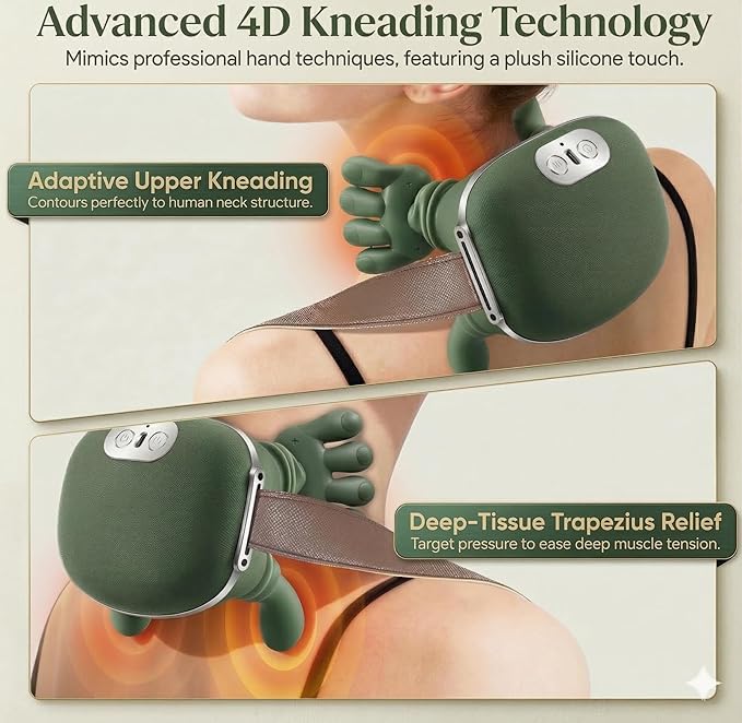 Bionic Neck and Shoulder Massager, N7 Real Hand Massagers with Fingers Heated for Back Muscle Pain Relief, Portable & Lightweight Design, Touch Gift (Eucalyptus Green)