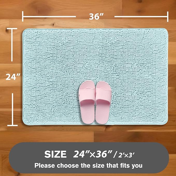 Aqua Bathroom Rugs – Absorbent and Washable Bath Mat, Non-Slip, Thick Soft Chenille Bath Rugs for Bathroom Floor, Shower, Sink - 24" x 36"