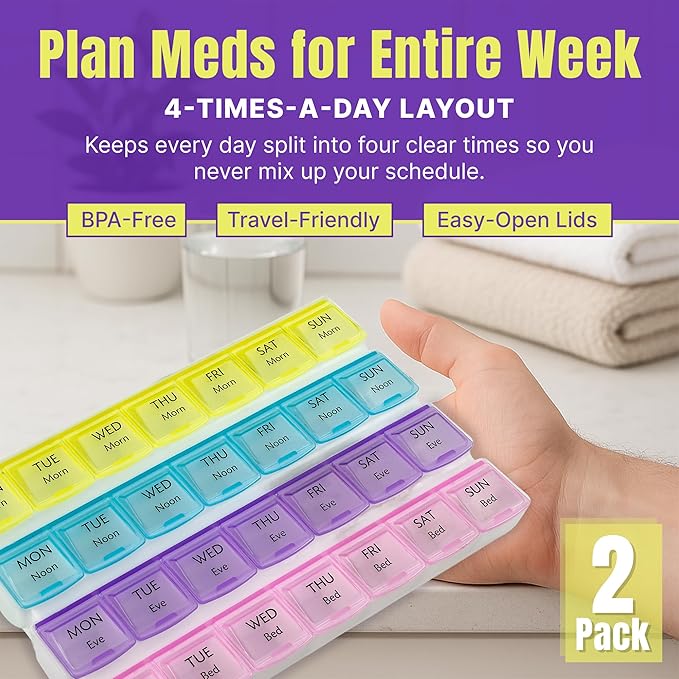 Weekly Pill Organizer - 4-Times-a-Day Pill Planner (Pack of 2) Pill Box Separates Pills & Vitamins with Daily Morning, Noon, Evening & Night Compartments, Travel Medication Reminder Monday to Sunday