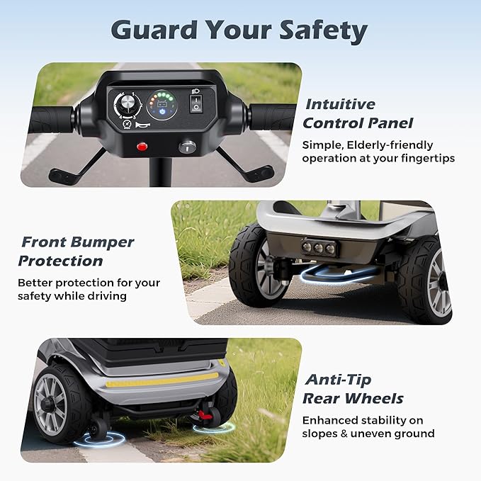 Mobility Scooter for Adults & Seniors with Removable Battery, Cruise & Airport Approved, Foldable Motorized Scooters with Dual Basket, Phone & Cup Holder, Silver