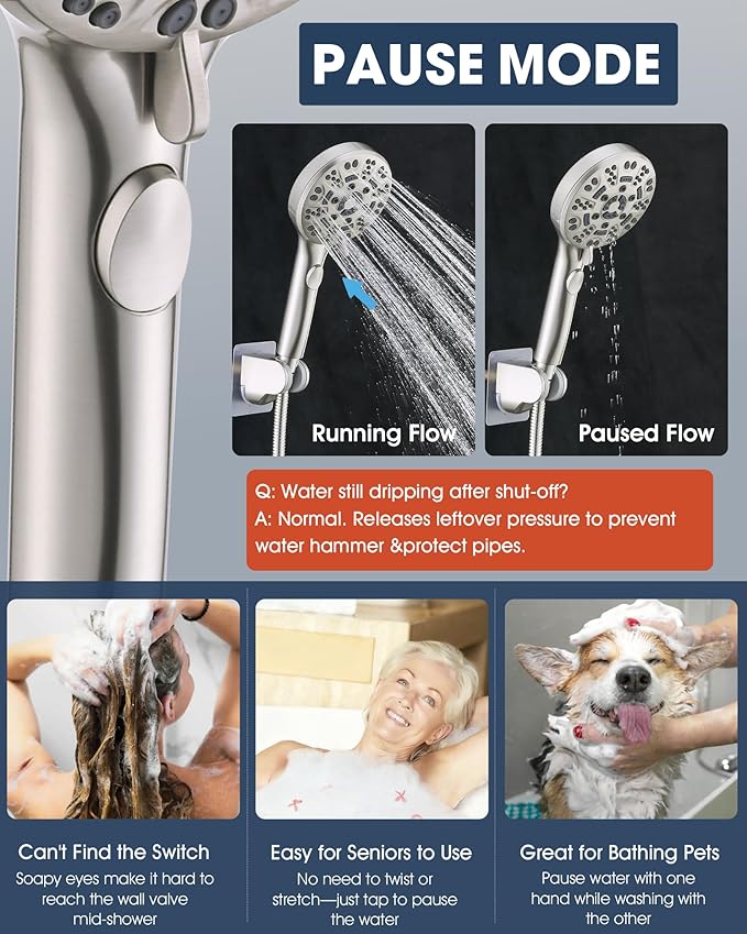 Handheld Shower Head with 6.56ft Extra Long Hose, On Off Switch 8-Seting High Preesure Hand Held Showerhead, Low-Reach Adhesive Holder for Kid, Disable& Elder (Brushed Nickel)