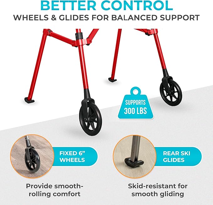 Stander Space Saver Walker, Lightweight Folding Rolling Mobility Aid for Seniors & Adults, Compact 2-Wheel Disability Device with 6-inch Wheels & Ski Glides for Walking Support, Sport Red