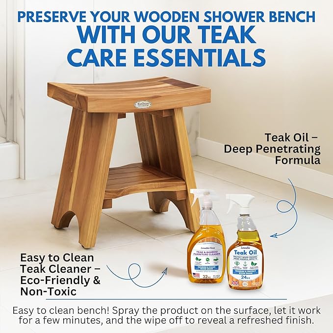 EcoDecors Fully Assembled, Serenity 18" Teak Shower Bench, with Shelf, Wooden Shower Bench, Shower Stool, Plus Teak Care Bundle, Teak Oil Spray, Compact Fit for Small Bathrooms, Sauna Bench