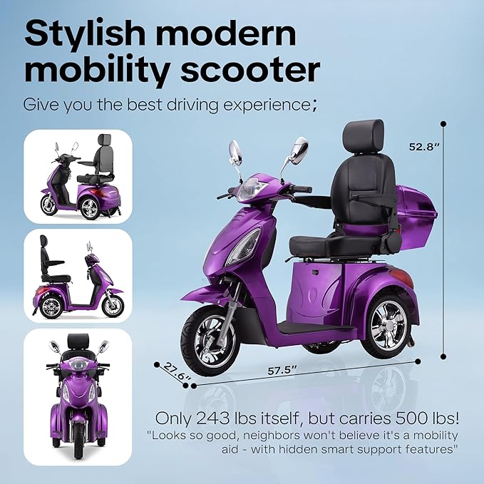 Super Large Electric 4 Wheel Mobility Scooters, Heavy Duty 800W Wheelchair Device, 25 Miles Long Range, All Terrain Mobility Scooter，Speed Adjust, Remote Key,Receive Ready to Ride (3 Wheel -Purple)
