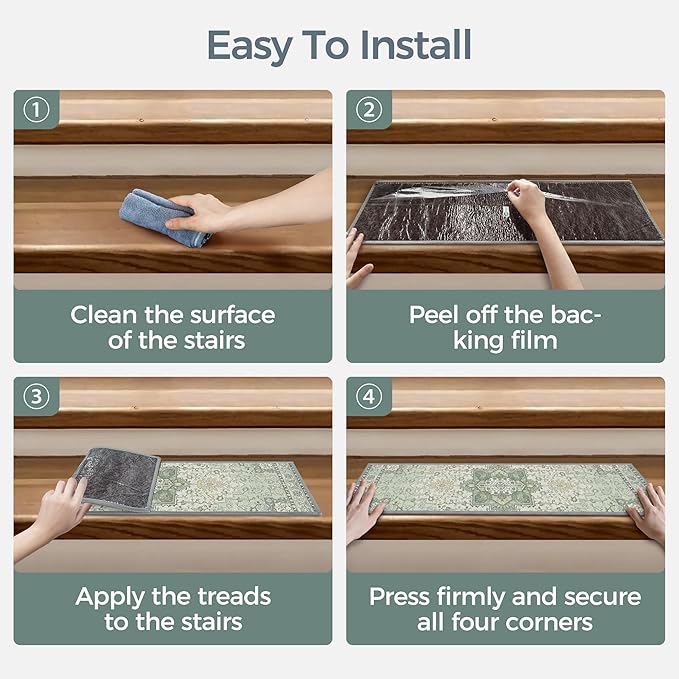 sarben Non Slip Stair Treads for Wooden Steps 15PCS - 8"x30" Indoor Safety Carpet, Edging Mats with TPE Adhesive Backing, Pet and Elderly Friendly Stair Rugs (Mint&Green)