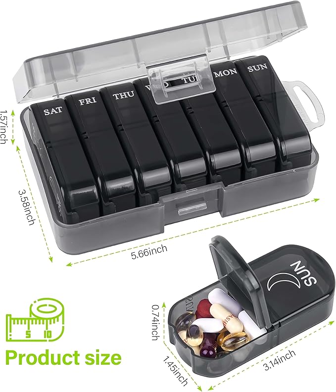 2 Pack Weekly Pill Boxes and Organizer 2 Times a Day, Travel Essentials 2 Week 14 Day Morning and Night Pill Dispenser, Black Large Daily Am Pm Pill Organizer 7 Day for Vitamin