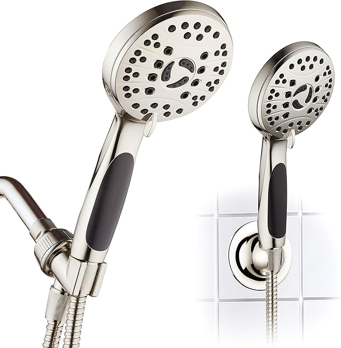 High Pressure 6-setting Luxury Handheld Shower Head – 6 Foot Stainless Steel Hose – Anti Clog Jets – Anti Slip Grip – All Brushed Nickel Finish – Top US Brand – Includes Extra Wall Bracket
