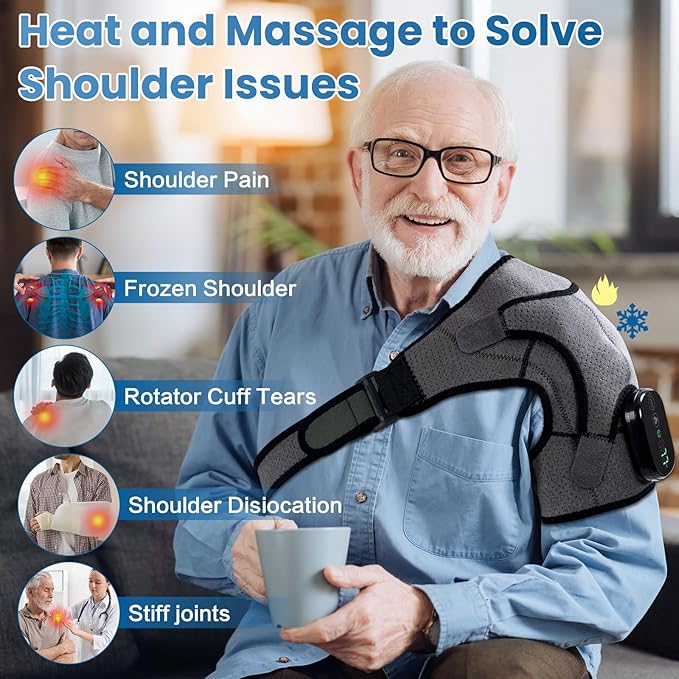 Cordless Shoulder Heating Pad with Massage, Electric Heated Shoulder Wrap with 3 Vibration & 3 Heat, Heating Pads for Rotator Cuff and Frozen Pain Relief,5000mAh Chargeable Powered,Men&Women