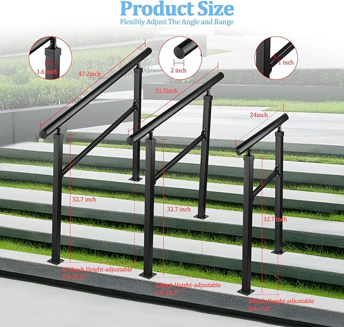 Modern Adjustable Handrails for Stairs and Outdoor Balcony - Ensure Safety and Style, Durable Construction, Weather-Resistant, Ideal for Stair Railing Porch 3 Step