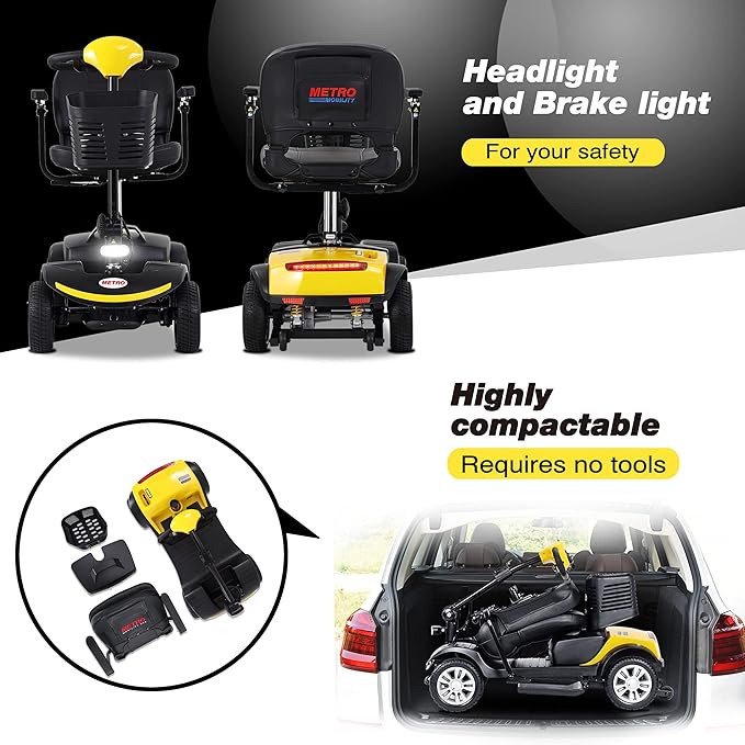 Metro Mobility 4 Wheel Electric Folding Mobility Scooters for Seniors - 300 lbs Capacity Motorized Scooter for Adults, Travel - 300W Powerful Motor - Yellow