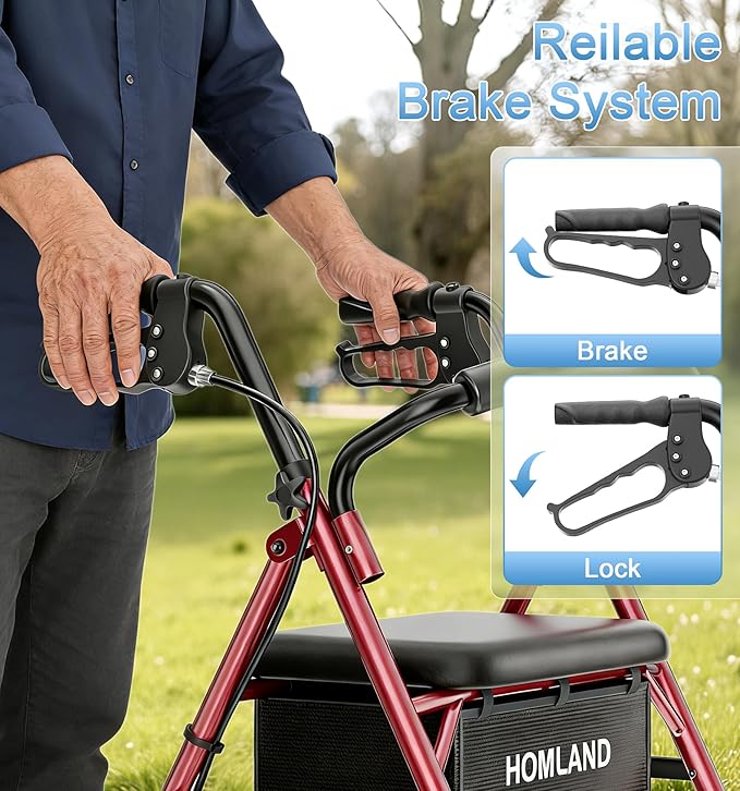16 Pounds Lightweight Walkers for Seniors with Seat, Narrow Rolling Walker with 4 Puncture-Resistant Wheels, 5-Level Height Adjustable, 300 lbs Weight Capacity (Red)