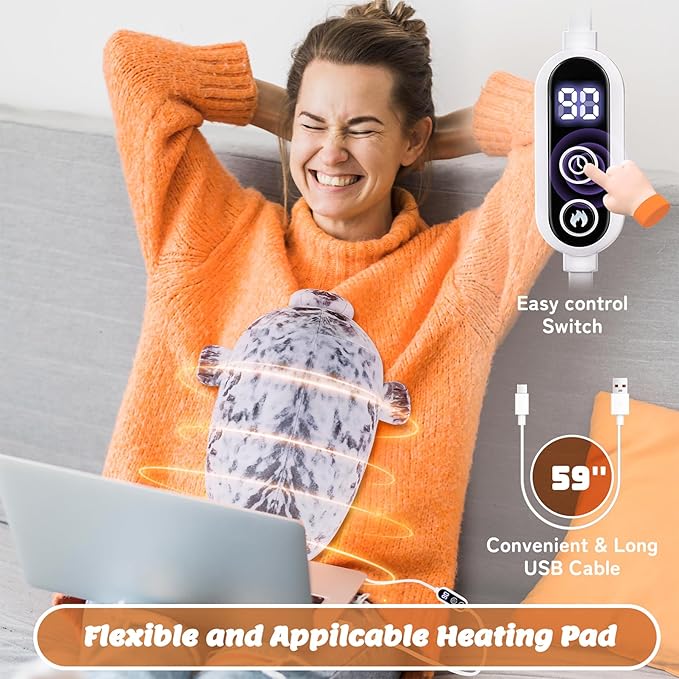 Electric Heating Pad for Period Cramps, Cuddly Soft 14" Seal Plush with a Hot Soft Belly USB Powered, Menstrual Heating Pad Neck Shoulder Pain Relief, Gift for Daughter Wife Period Heating Pad