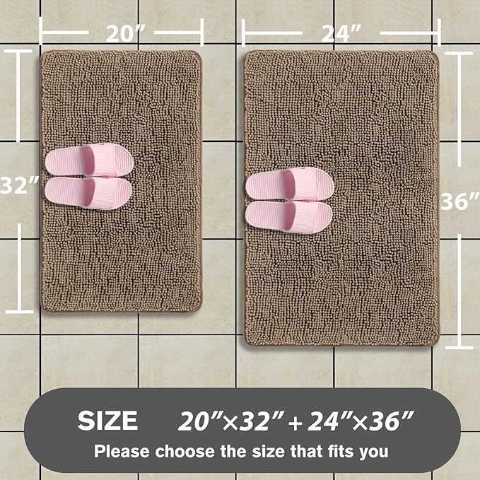 Taupe Bathroom Rugs Sets 2 Piece – Absorbent and Washable Bath Mat, Non-Slip, Thick Soft Chenille Bath Rugs for Bathroom Floor, Shower, Sink - 20" x 32"+24" x 36"