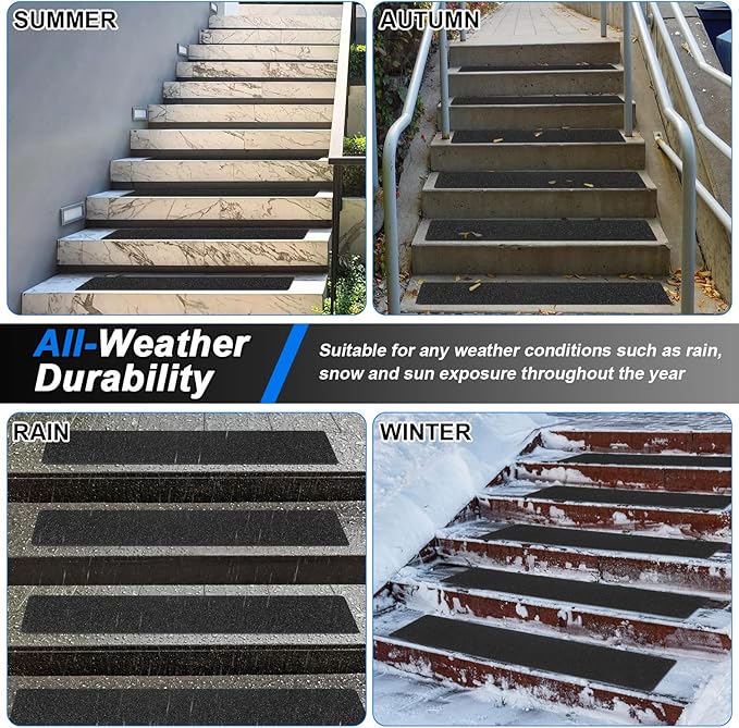 SMILOOL Outdoor Stair Treads Non-Slip Step Strips for Wooden Steps 5 Pack 8” x 30” Anti Slip Grip Tape Precut for Outside Stairs, Non Skid Stair Tread Mats Weather Resistant for Outdoors, Black