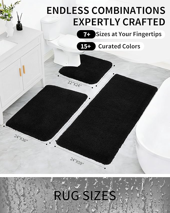 Bathroom Rugs Non Slip Washable 70x24, Ultra Thick Soft Microfiber Absorbent Bath Mats, High Density Foam Latex Non Slip Backing Bath Rugs, Fluffy Floor Carpet for Tub&Shower, Black