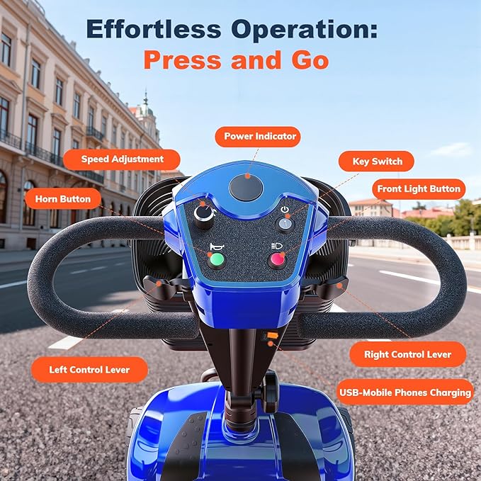 15/25/30/50Miles Eldryvon 4 Wheels Electric Mobility Scooter for Seniors, Dual Basket, 350W Powered Wheelchair with Rotating Seat, Foldable Motorized Scooter for Adults (Blue, 25Miles)