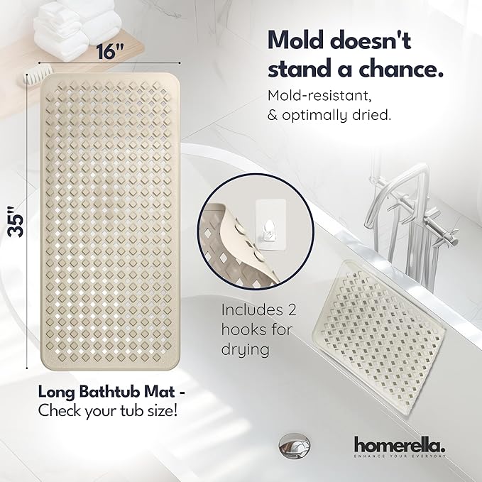 Bathtub Mat Non Slip 35x16 - homerella® Bath Mat Incl. Hooks for Drying, Extra Long, 100% BPA Free, Shower Mat Non Slip Anti Mold, Machine Washable, Shower Mats for Inside Shower Mildew Resistant