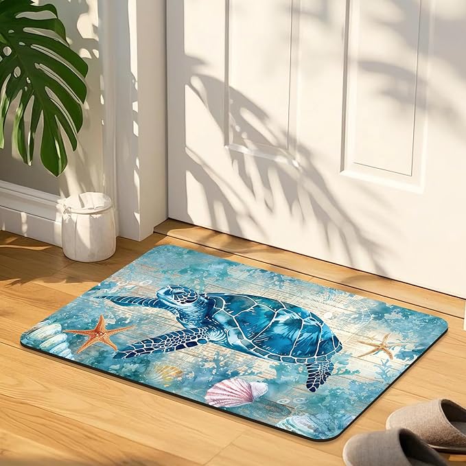 Quick Dry Bath Mat for Bathroom,Super Absorbent Turtle Bath Rug Non-Slip Rubber Backing,Machine Washable Bathroom Floor Mat for Shower, Tub, Sink Area Beach Seashell Ocean Blue (16"x24"+30"x20")