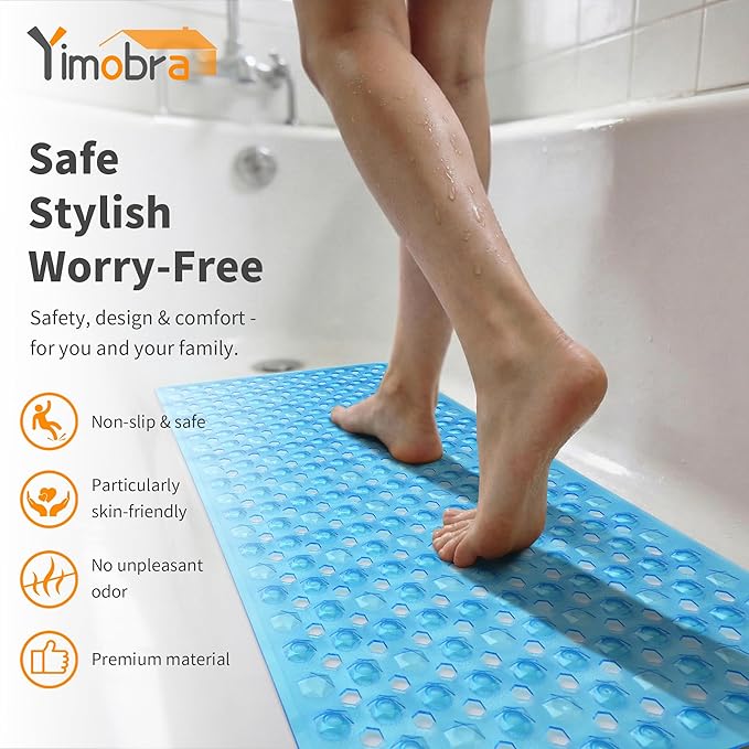 Yimobra Bath Tub Mat Non Slip, 34.5"x15.5" Long Shower Mat, Machine Washable Bathmat with Drain Holes and Suction Cups, Soft on Feet, Bathroom Essentials, Clear Blue