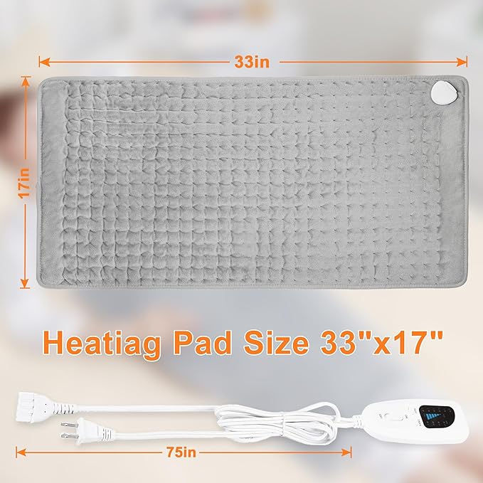 Deepsoon Heating Pad,Electric Heating Pads for Back,Neck,Moist Heating Pad for Abdomen Shoulder Knee Legs,Dry/Moist Heat&Auto Shut Off,Mother's Day Birthday for Men and Women,Light Gray,33x17 Inch
