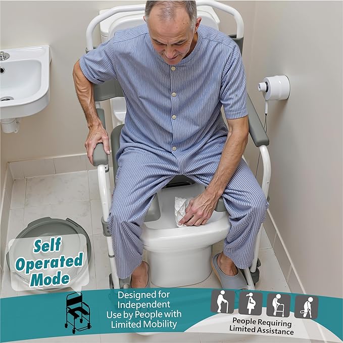 Bedside Commode with Wheels, Shower Wheelchair with 300 LBS Weight Capacity, Portable Toilet with Bucket for Elderly and Disabled