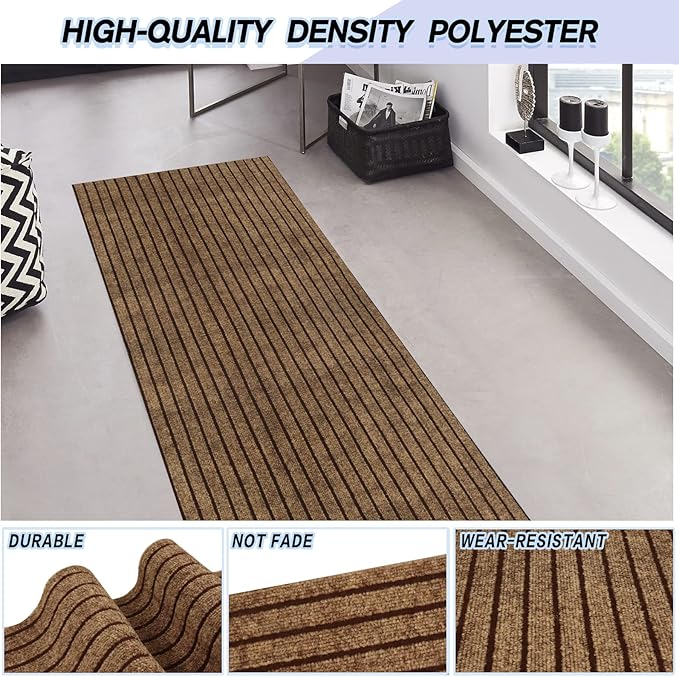 Custom Size Backed Non-Slip Area Rugs Runner, Easy Clean, Waterproof Runner Rugs for Hallway Entryway, Kitchen, Laundry, 2FT x 61FT, Brown Stripe