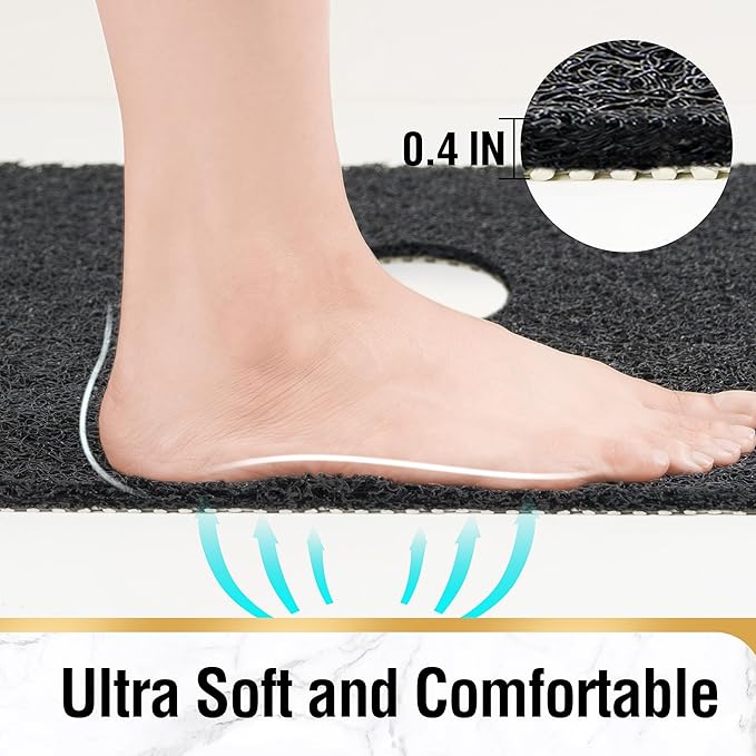 HITSLAM Shower Mat with Center Drain Hole, 24 x 16 Inch Non Slip Bath Mat for Textured Tub, Soft Loofah-Style Bathtub Mat Without Suction Cup, Quick Drying Stall Floor Mat, Bathroom Accessories, Black