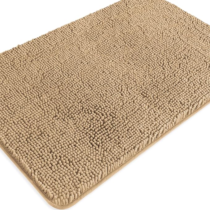 Beige Bathroom Rugs – Absorbent and Washable Bath Mat, Non-Slip, Thick Soft Chenille Bath Rugs for Bathroom Floor, Shower, Sink - 24" x 36"
